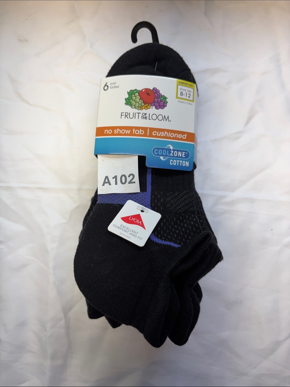 Fruit of the Loom Men’s No-Show Cushioned Socks in Black with Purple Accent